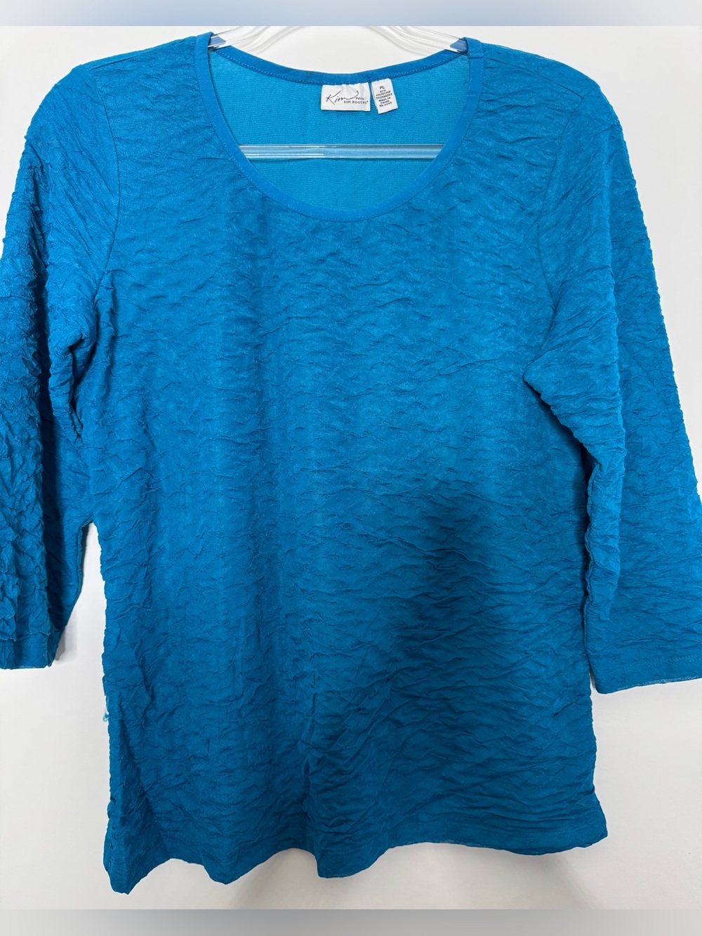 Kim Rogers Women's Crinkled Scoop Neck Long Sleeve Top - Teal Blue large stretch